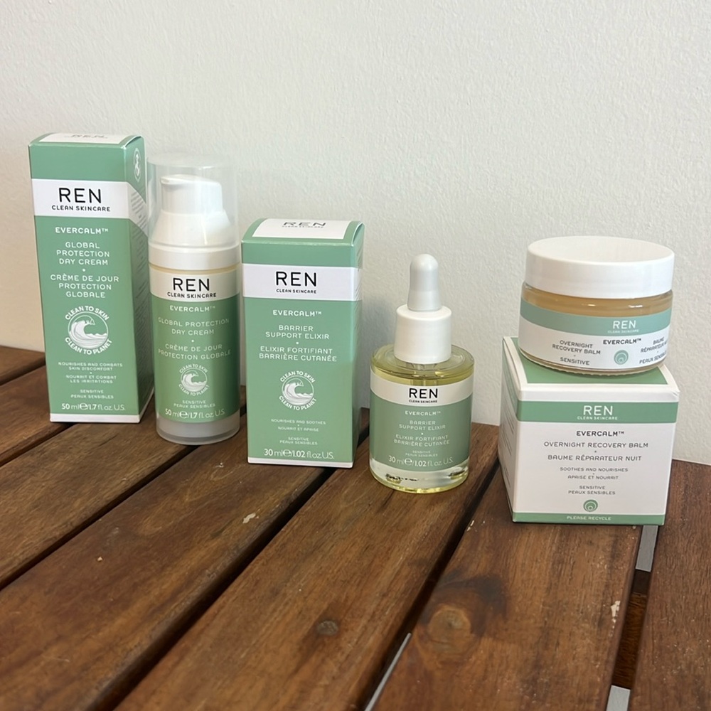 Ren skincare evercalm day cream, barrier support elixir, overnight recovery balm
